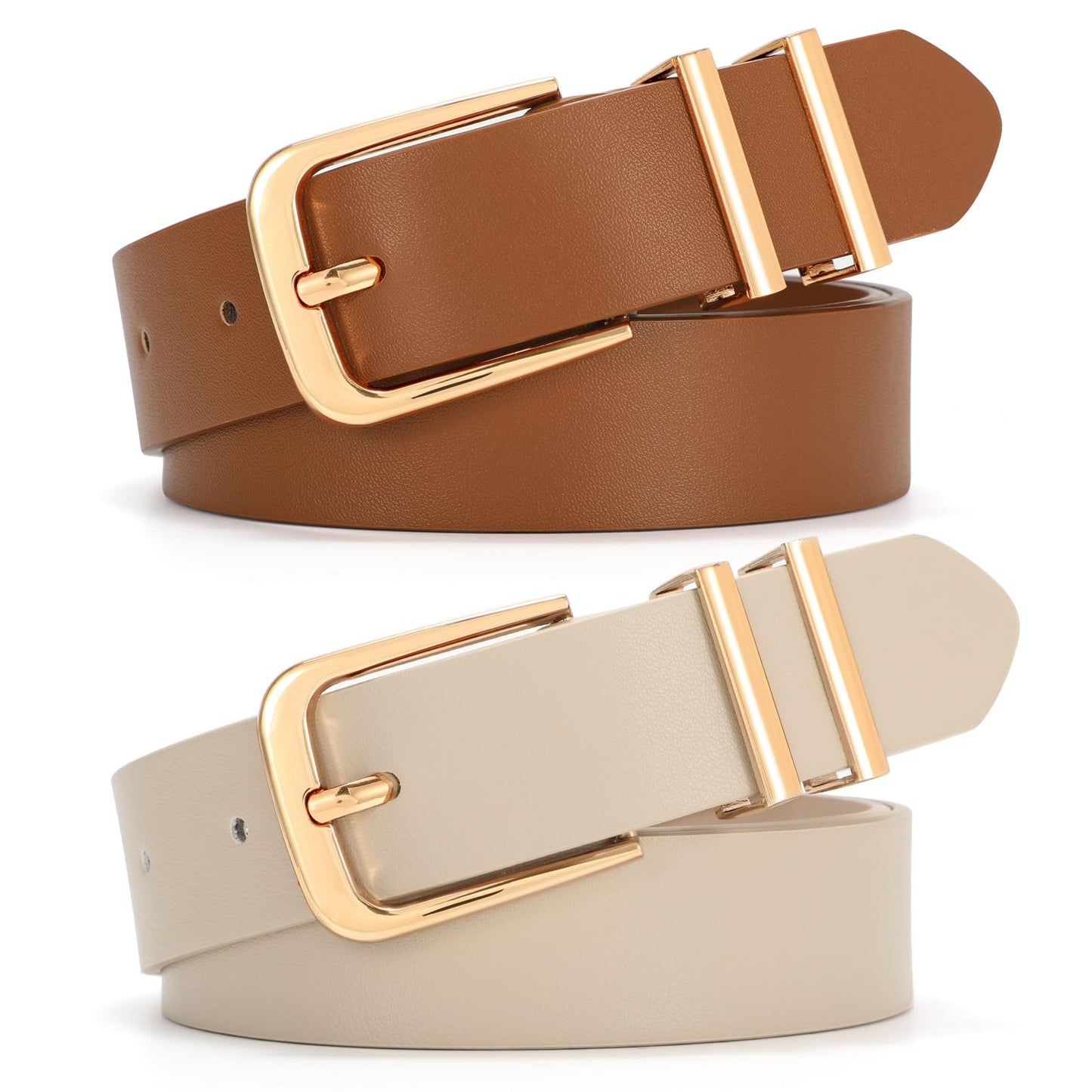 SANSTHS 2 Pack Women Belt for Jeans Pants, Simple Fashion Ladies Waist Belt with Gold Buckle, 1inch Width, Black+Beige S