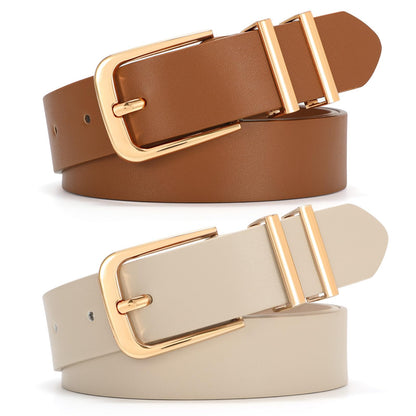 SANSTHS 2 Pack Women Belt for Jeans Pants, Simple Fashion Ladies Waist Belt with Gold Buckle, 1inch Width, Black+Beige S