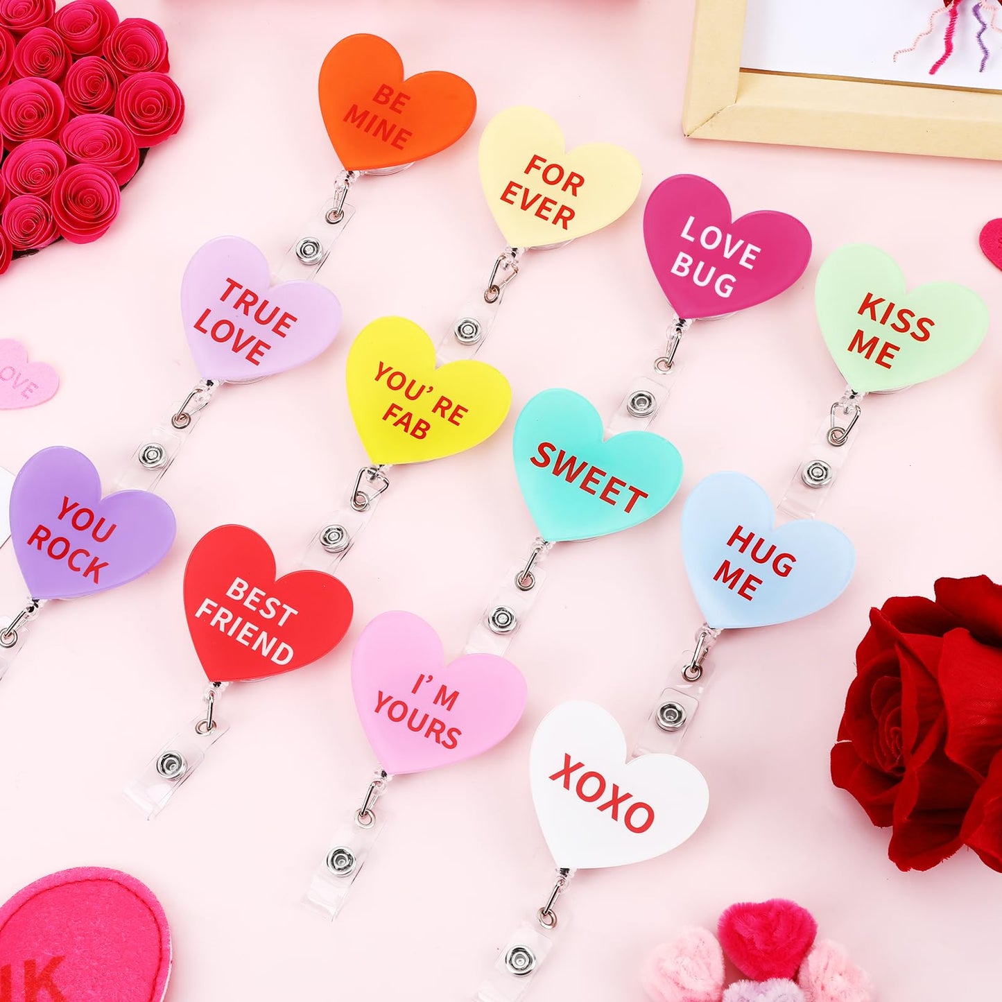 Jansun 12PCS Valentine's Day Acrylic Badge Reel with Heart Design, Retractable ID Card Holder Badge Reel Set for Nurses, Office Staff, and Festive Gifting