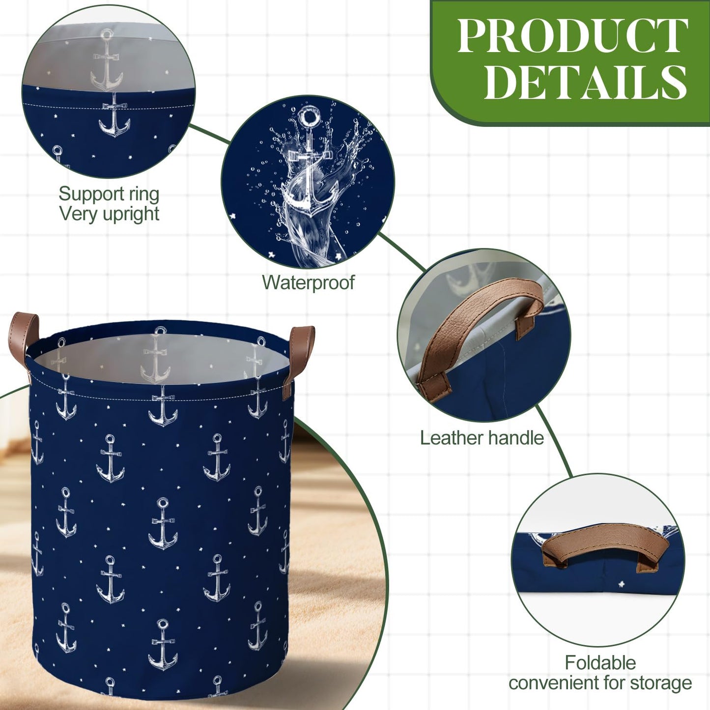 Laundry Basket 15.75 x 15.75 x 19.7 Inch Oxford Fabric Clothes Hamper with Nautical Anchor Pattern Foldable Laundry Storage Bin with Handles for Bedroom Bathroom Dorm Dirty Clothes Organizer