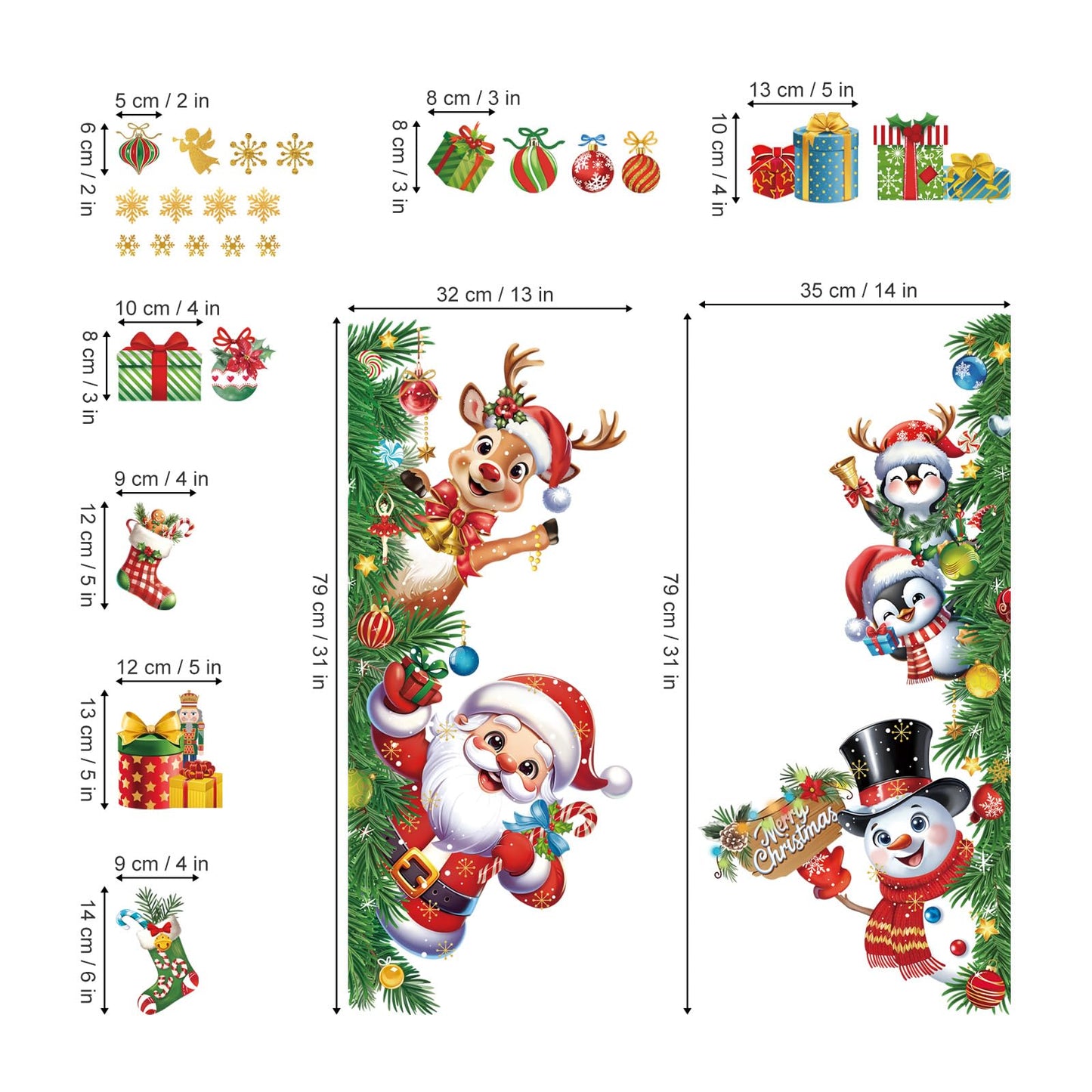 wondever 3D Christmas Santa Claus Reindeer Wall Stickers Snowman Penguin Snowflakes Peel and Stick Wall Art Decals for Window Xmas Home Party