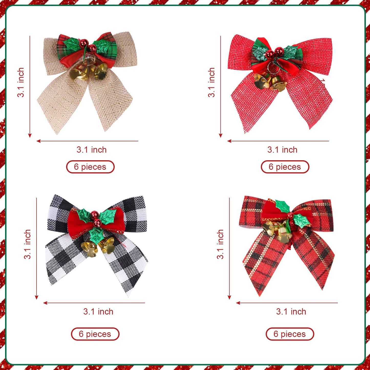 YBB 24 Pack Christmas Tree Bows, Buffalo Plaid Linen Bowknot Red Wreath Bow with Jingle Bells for Christmas Garland Tree, Crafts, Wrapping, Wreath Xmas Hanging Ornaments Decor