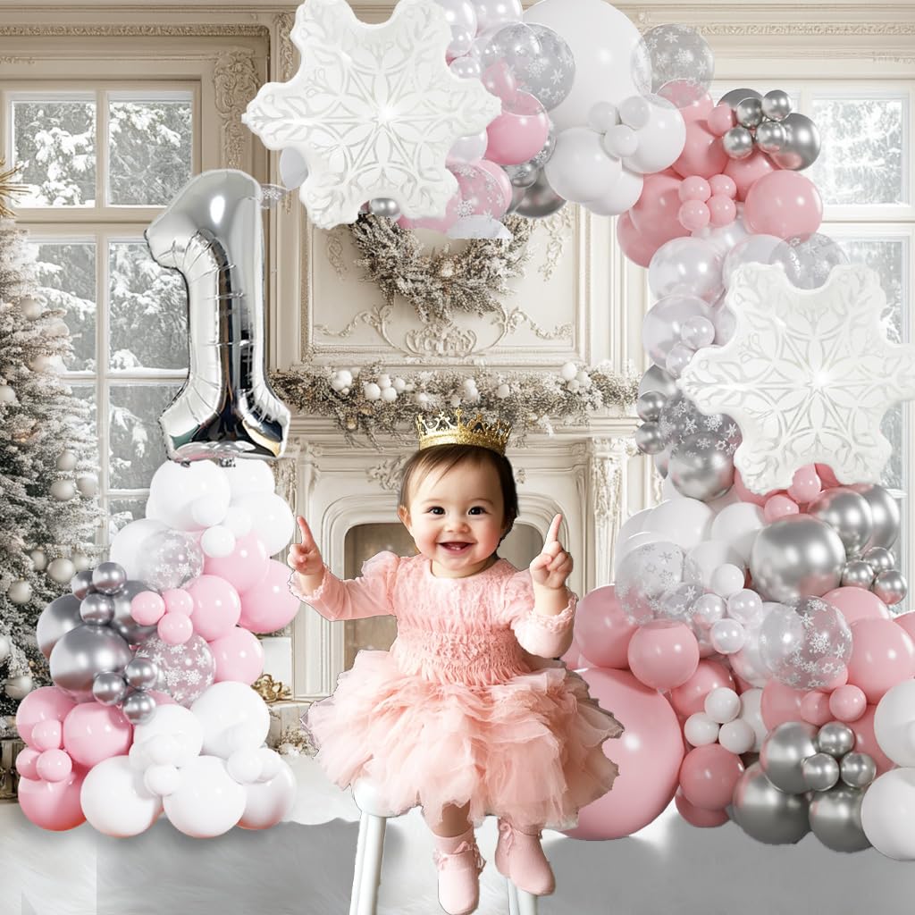 Pink Winter Onederland Balloon Garland 128pcs Girl First Birthday Snowflake Balloons 1st Birthday Decorations Pink Christmas Baby Shower Decor For Sweet One Fairy Decorations Coquette Party Decor