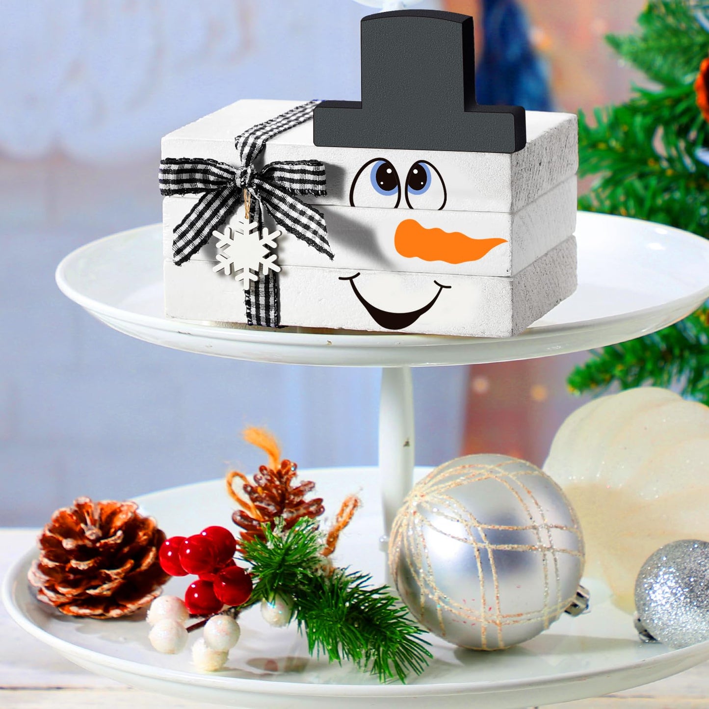 5 Pcs Winter Snowman Table Decorations Winter Wooden Tiered Tray Decor White Centerpiece Decorative Wood Books Table Top Decor Home Farmhouse Rustic Kitchen Shelf Decoration