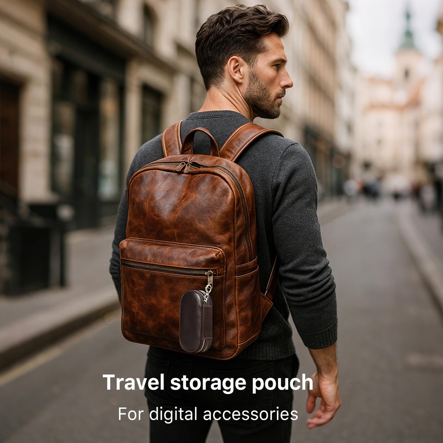 Hiram Handmade Full Grain Oil Bead Leather Tech Pouch – Digital Accessories Travel Case Portable Tech Organizer with Elastic Straps for USB Cables for Business Travel & EDC