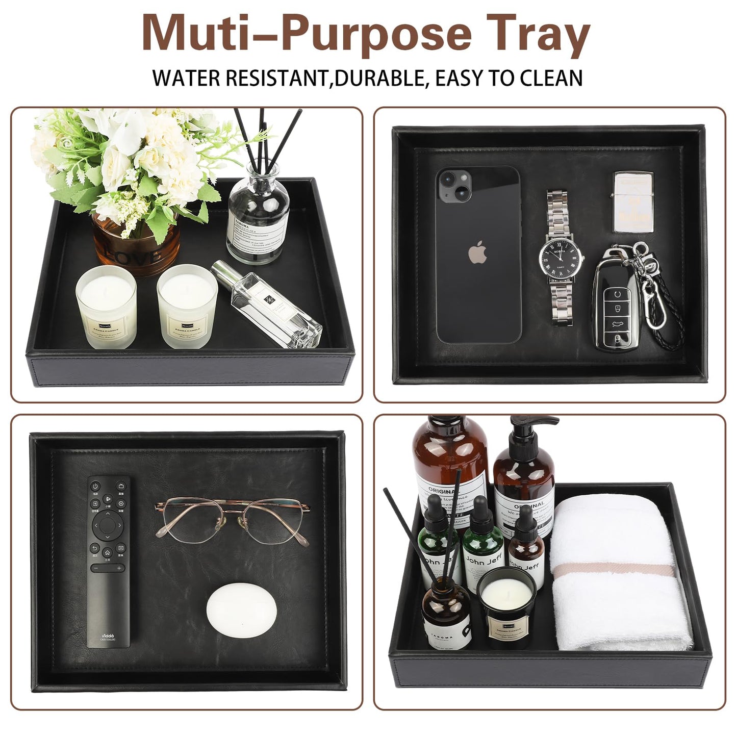 Leather Valet Organizer for Men – Black Catchall for Wallet, Keys, EDC, Jewelry, and Perfume – Nightstand, Dresser, and Bathroom Vanity Storage