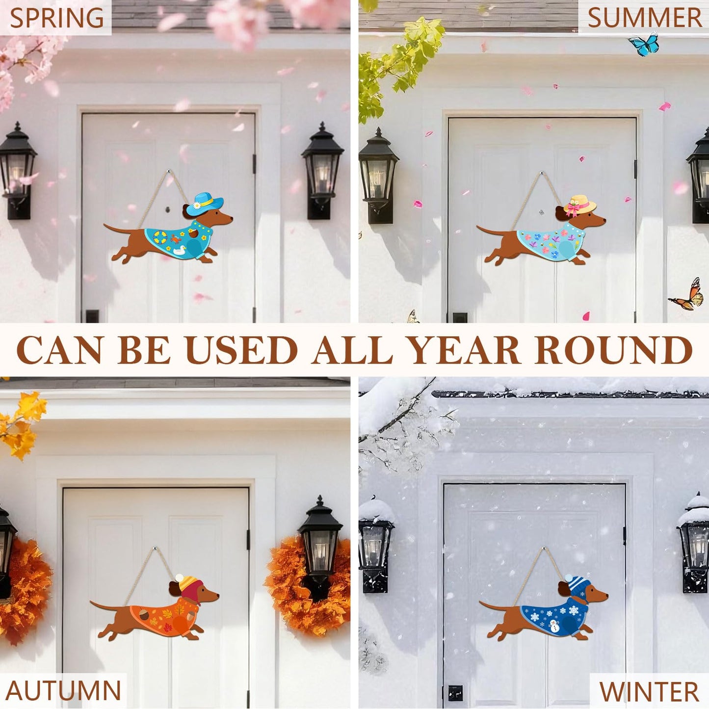 Interchangeable Wooden Dachshund Decoration, Xmas Hanging Wall Door Decor, Changeable Holiday Seasonal Decor and Detachable Hats Welcome Sign, Farmhouse Hanging Sign for Front Door, 16 PCS