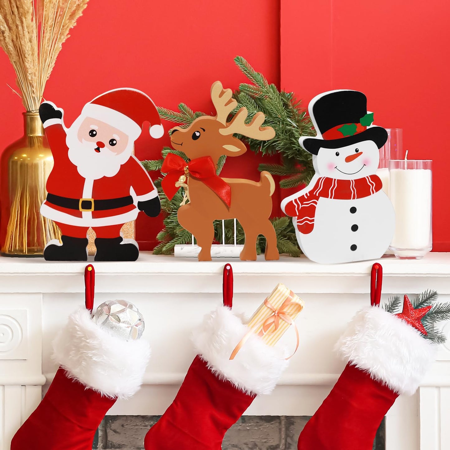 COCHIE Snowman Christmas Decorations Indoor, Cute Winter Tiered Tray Decor Set of 3, Wooden Snowman Blocks Xmas Table Decoration for Party Home Office Shelf Door (Santa Claus Reindeer)