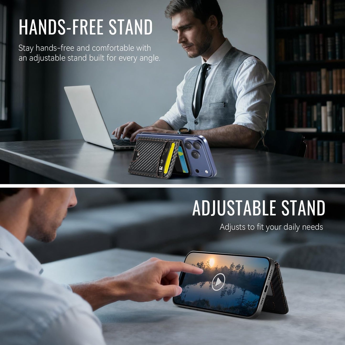 Strapurs Strong Magnetic Wallet Card Holder Compatible with MagSafe Phones and Cases, Slim PU Leather Phone Wallet with 6 Card Slots RFID Blocking for iPhone 16/15/14/13/12 Series – Carbon Black