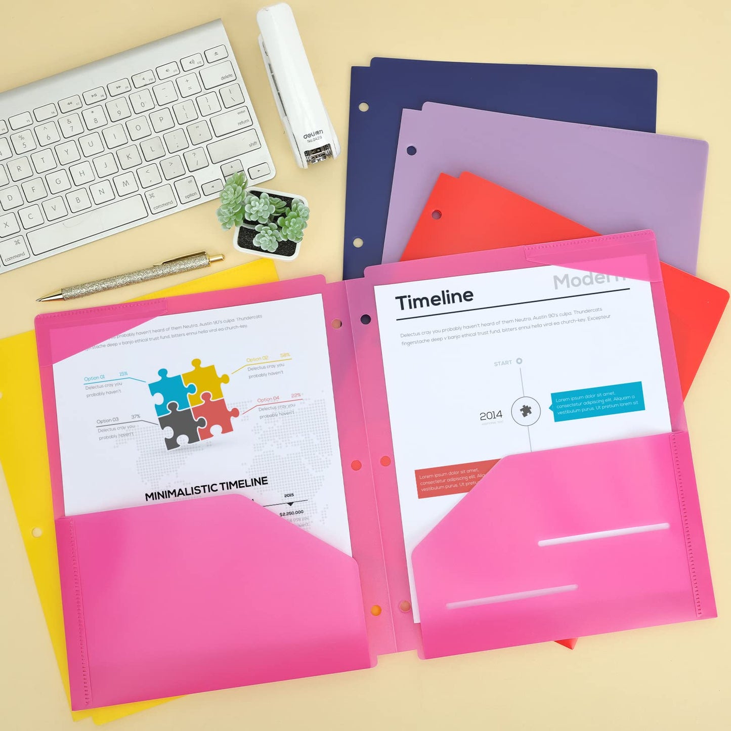 EOOUT Binder Folders 10pcs Colored File Folders, Plastic Folders with Pocket and 2 Business Card Slot, 3 Hole Punch Poly Folders Fits in 3 Ring Binder for School Office