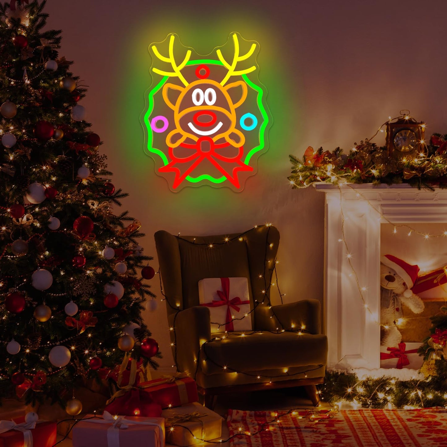 Christmas Neon Sign Wreath Elk Neon Sign for Wall Decor Deer Led Neon Christmas Lights Dimmable Reindeer Light Up Signs for Window Wall Art for Bedroom Festival Xmas Party Home Decoration Gift