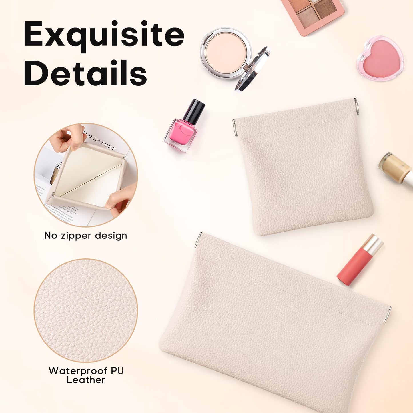 Sightor Leather Pocket Cosmetic Bag for Purse, 2 Pack Small Makeup Bag for Women Coin Purse Lipstick Cosmetic Accessories Organizer Travel Cosmetic Pouch (Creamy)