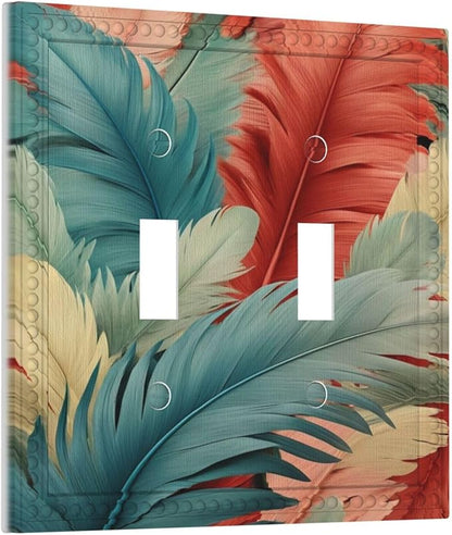 Colorful Feathers Blue Red Light Switch Covers Double Toggle 2 Gang Wall Plate Dual Decorative Switchplate Electrical Faceplate for Farmhouse Decor