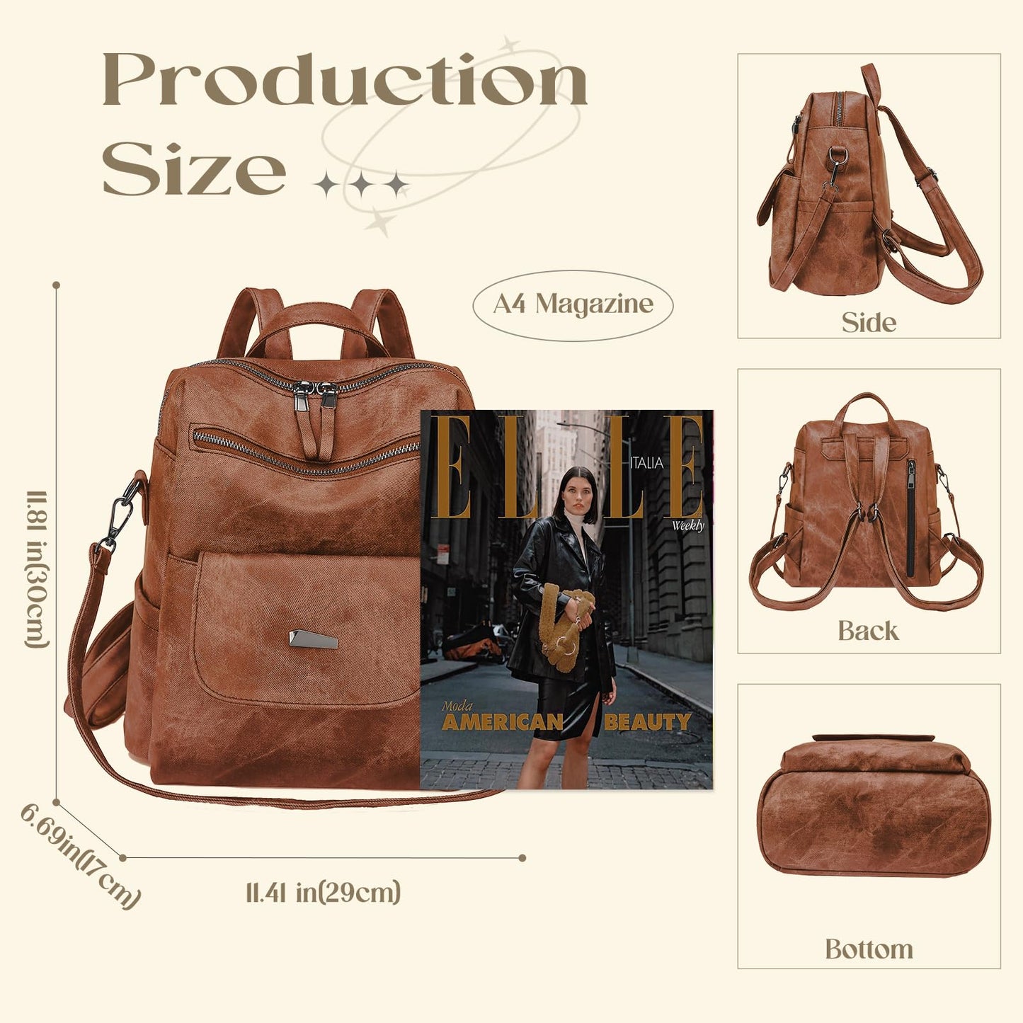 ROOSALANCE Backpack Purse for Women, Women Backpack Purse Small Leather Waterproof Anti-theft Shoulder Bags Handbags, Fashion Ladies Backpack for Daily Travel Work (Caramel)