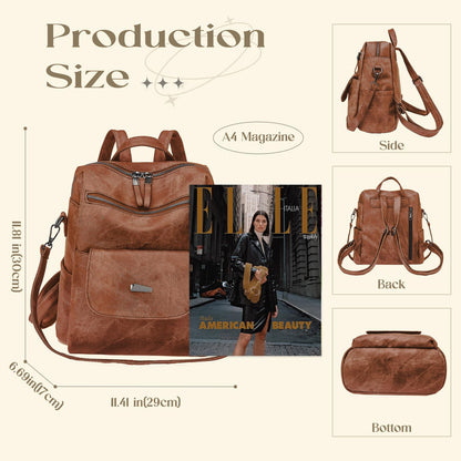 ROOSALANCE Backpack Purse for Women, Women Backpack Purse Small Leather Waterproof Anti-theft Shoulder Bags Handbags, Fashion Ladies Backpack for Daily Travel Work (Caramel)