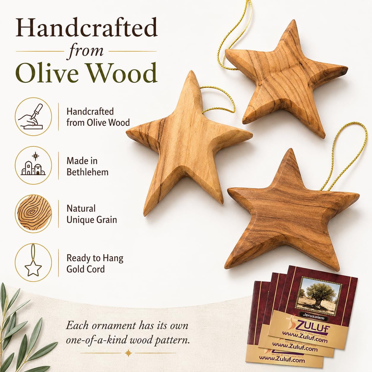 Zuluf Set of 3 Olive Wood Star Ornaments from Bethlehem 2.56 Inch, Handcrafted Star of Bethlehem Christmas Tree Decorations, Rustic Holy Land Christian Wooden Ornaments, with Certificates