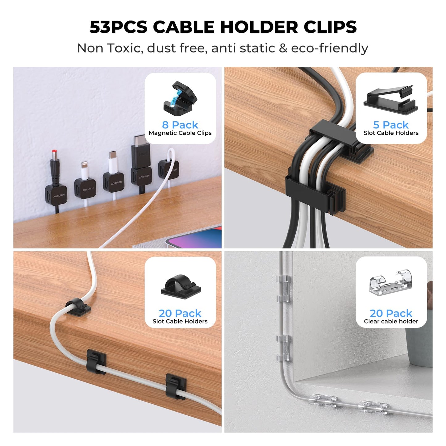 AORUICN Cable Management Organizer Kit, Desk Cable Organizer, Cable Management Under Desk, Wire Management and Cord Organizer for Home, Office, Standing Desk