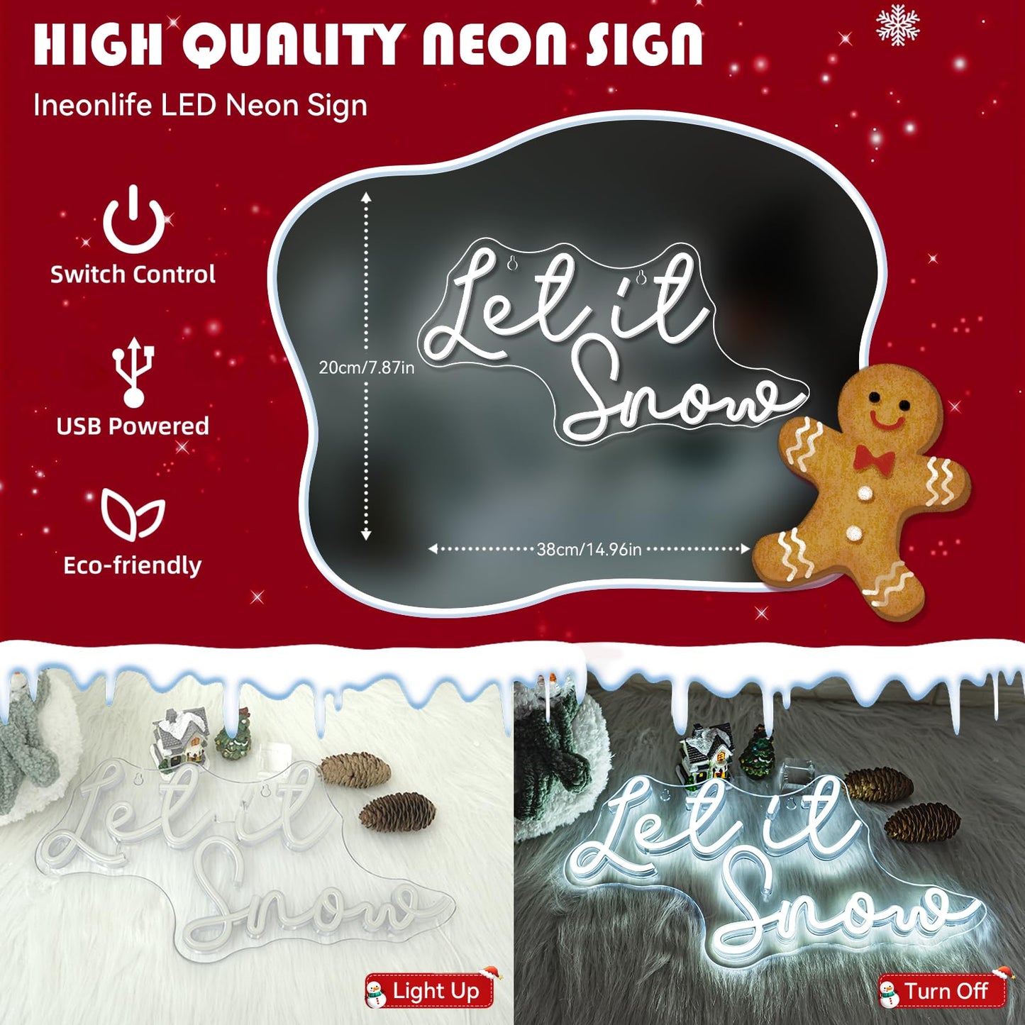 ineonlife Christmas Neon Sign Let It Snow Neon Signs for Wall Decor Led Lights for Bar Celebrate Party Room Shop Winter Window Bedroom Decoration Christmas Gifts