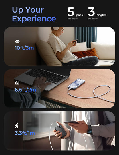 LISEN USB C Cable, 5-Pack [3.3/3.3/6.6/6.6/10FT] for iPhone 17 Charger Cord, 60W USB C to USB C Fast Charging Cable for iPhone 17 Air 16 15 Pro Max, Samsung Z Flip 7/S25/S24, Switch 2, iPad, MacBook