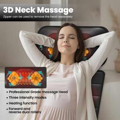Massage-Mat, Detachable Neck Massager, Full Body Vibration Heating, Massage Pad with 10 Vibrating Motors and 9 Speed Settings for Home Office Use, Black