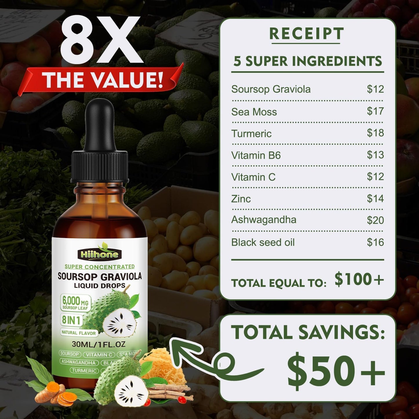 (2 Pack) 8 in 1 Graviola Soursop Leaf Extract Liquid - Soursop Bitters Liquid with Sea Moss, Ashwagandha and Tumeric, for Immune & Liver, Zzz & Antioxidant & Cell Support,1 Fl Oz