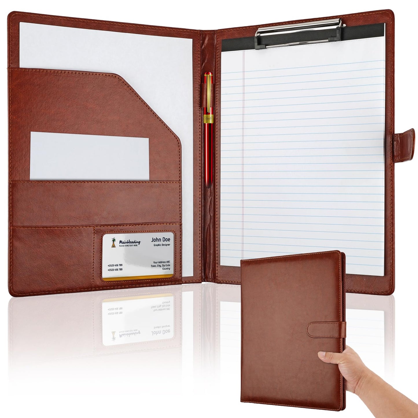 Professional Padfolio with Clipboard, Faux Leather Portfolio Folder Binder, Legal Pad Holder for A4 Letter Size Notepad, Resume, Writing Pad, Ideal Organizer for Business Office Conference (Brown)