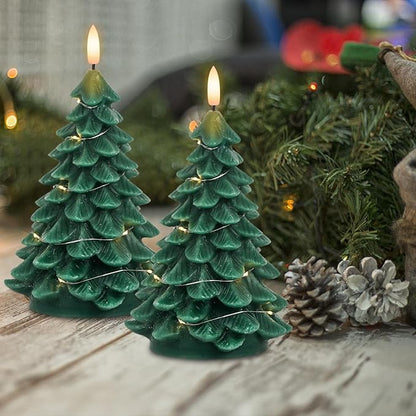 Christmas Tree Shaped LED Candles with Remote Timer, 2 Pcs Flameless Pillar Candles with Embedded String Lights, Battery Operated Flickering Green Candles for Christmas Home Décor