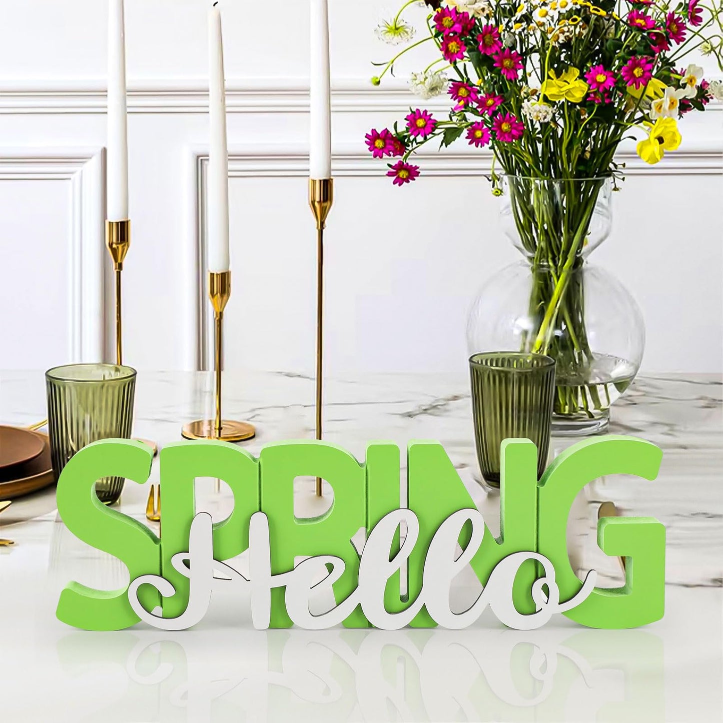 COCHIE Wooden Hello Spring Sign, Spring Decorations for Home, Office, Shelf, Mantel, Indoor, Wood Spring Decor, Spring Table Top Party Decoration (Hello Spring)