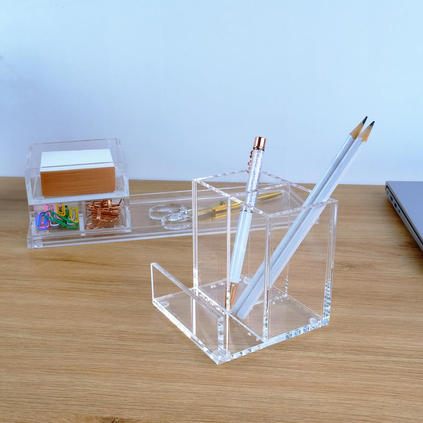 EXPUTRAN Clear Acrylic Desk Organizer 4-Piece Desk Kit + Free Complimentary Acrylic Ruler, Desktop Organization for Office or Home