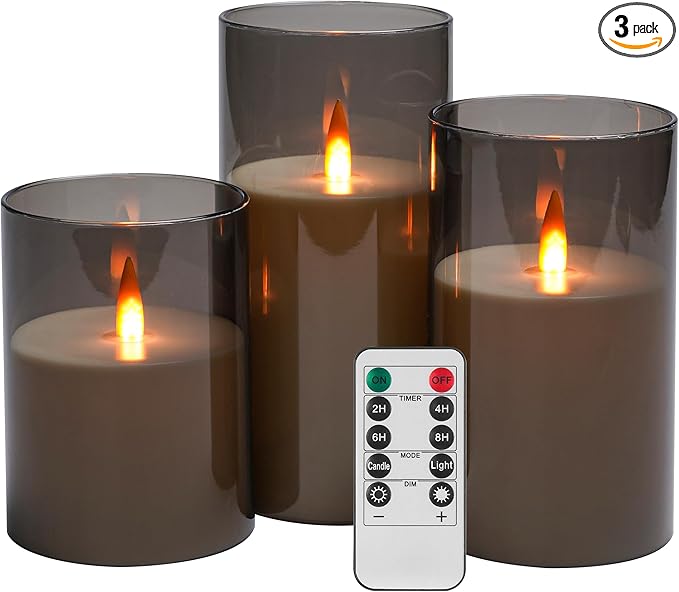 Upinmz Grey Acrylic Flameless Candles with Remote Control and Timers，Battery Operated Candles，LED Pillar Candles with Dancing Flame ，for Home Decorations ，Set of 3
