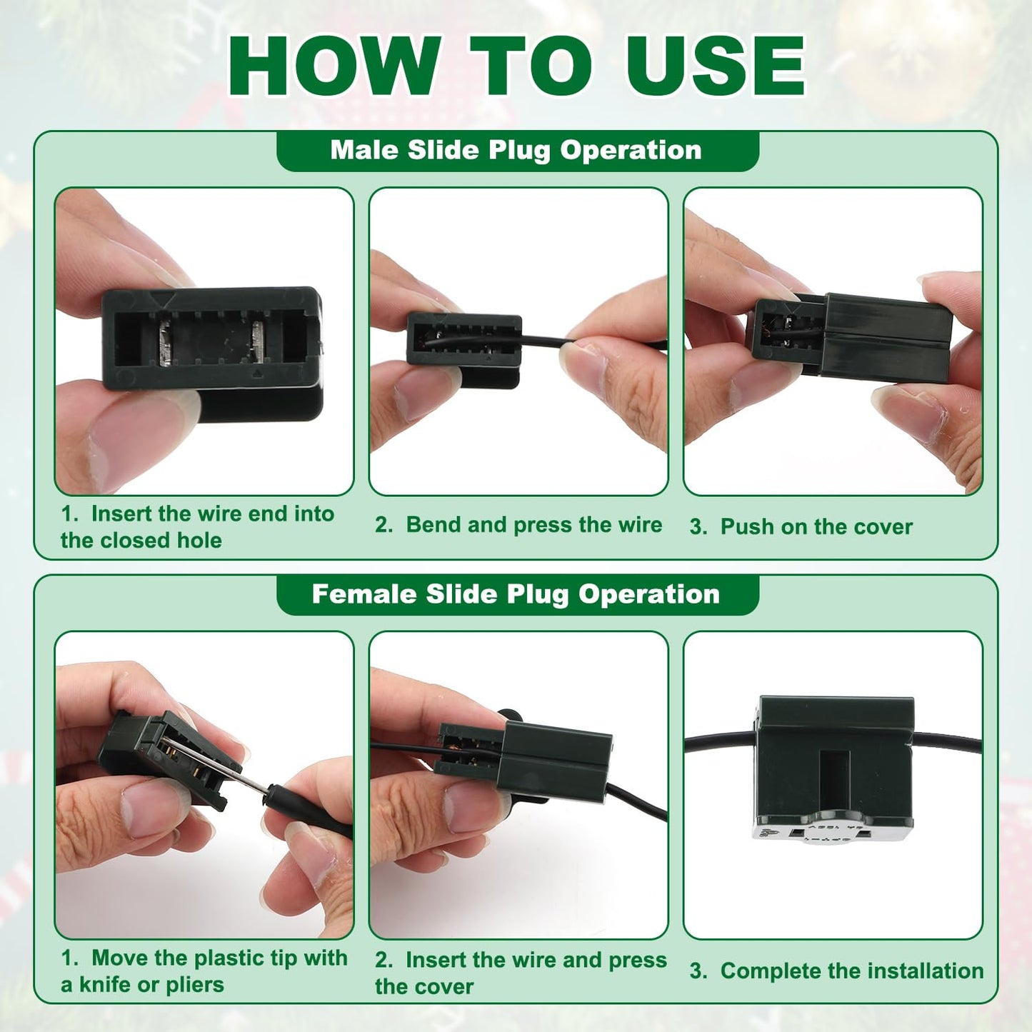 20pcs Holiday Christmas Lighting Outlet Green Slip Plug Set, 10 Male & 10 Female Vampire Adapter Ends, Electric Connector for SPT-2