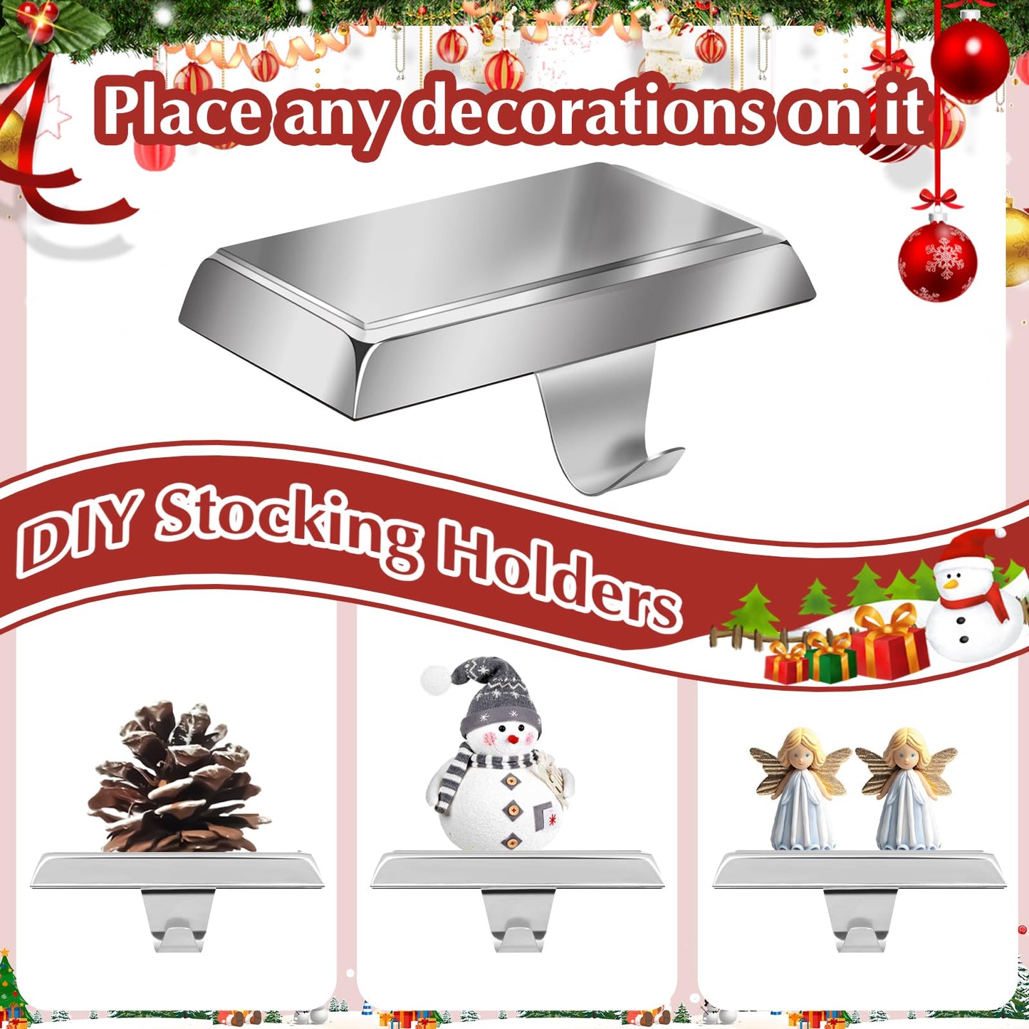 Liengoron 4PCS Christmas Stocking Holders for Mantle Stocking Hangers for Mantle Metal Fireplace Stocking Hooks with Non-Slip Base Christmas Ornaments for Christmas Holiday Party Decoration Silver