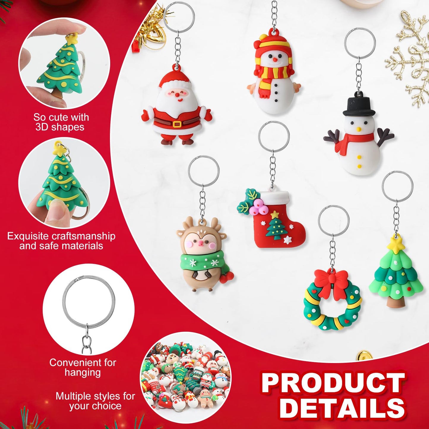 42 Pcs Christmas Keychains Bulk, 3D Santa Claus Snowman Xmas Tree Reindeer Hanging Ornaments with Key Rings for Christmas Party Favors, Adults Christmas Giveaways