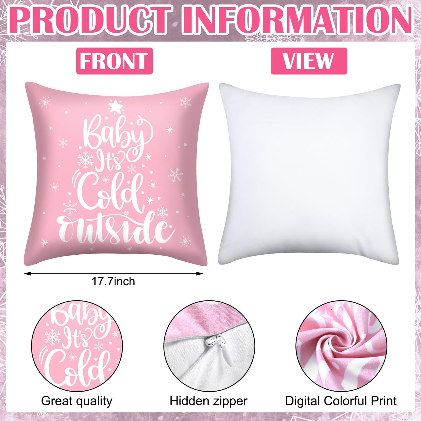 VitalCozy 6 Pcs 18 x 18 inch Christmas Throw Pillow Covers Xmas Cushion Covers Pillow Cases Snowflake Winter Throw Pillow Covers Christmas Decor for Bedroom Sofa Couch Cushion Square Home (Pink)