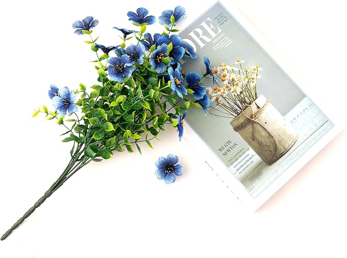 Outdoor Artificial Flowers, 8 Bundles Fake Flowers Autumn Decoration, No Fade Faux Plastic Shrubs for Garden Patio Porch Window Box Decor (Blue)