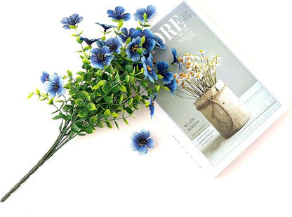 Outdoor Artificial Flowers, 8 Bundles Fake Flowers Autumn Decoration, No Fade Faux Plastic Shrubs for Garden Patio Porch Window Box Decor (Blue)