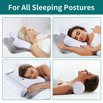onesmile Cervical and Roll Neck Pillow-2 in 1 Removable Ergonomic for Pain Relief, Support for Sleeping, Memory Foam for Side, Back & Stomach Sleepers (White)