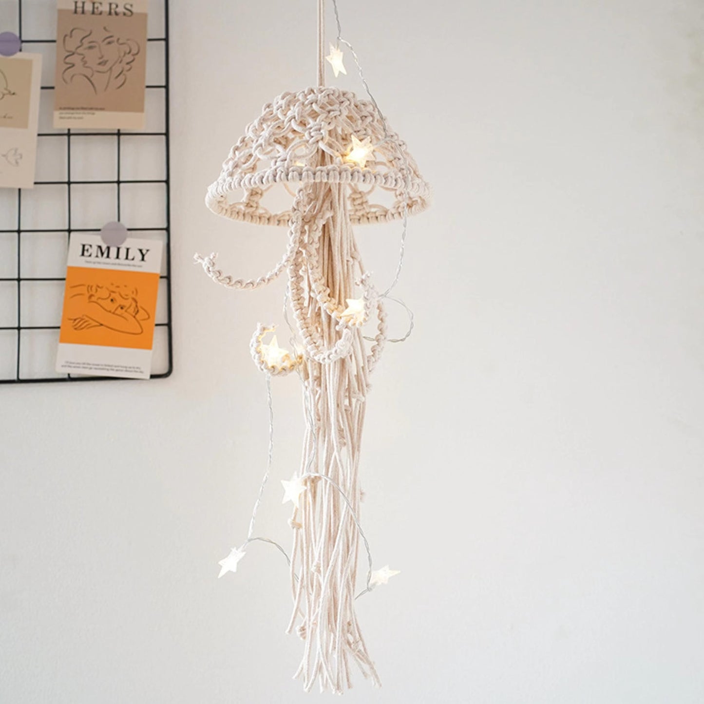 Macrame Wall Hanging,Jellyfish Dream Catcher with Star Lights,Bohemian Woven Wall Art Decor Beautiful Apartment Dorm Room Door Decoration (White)