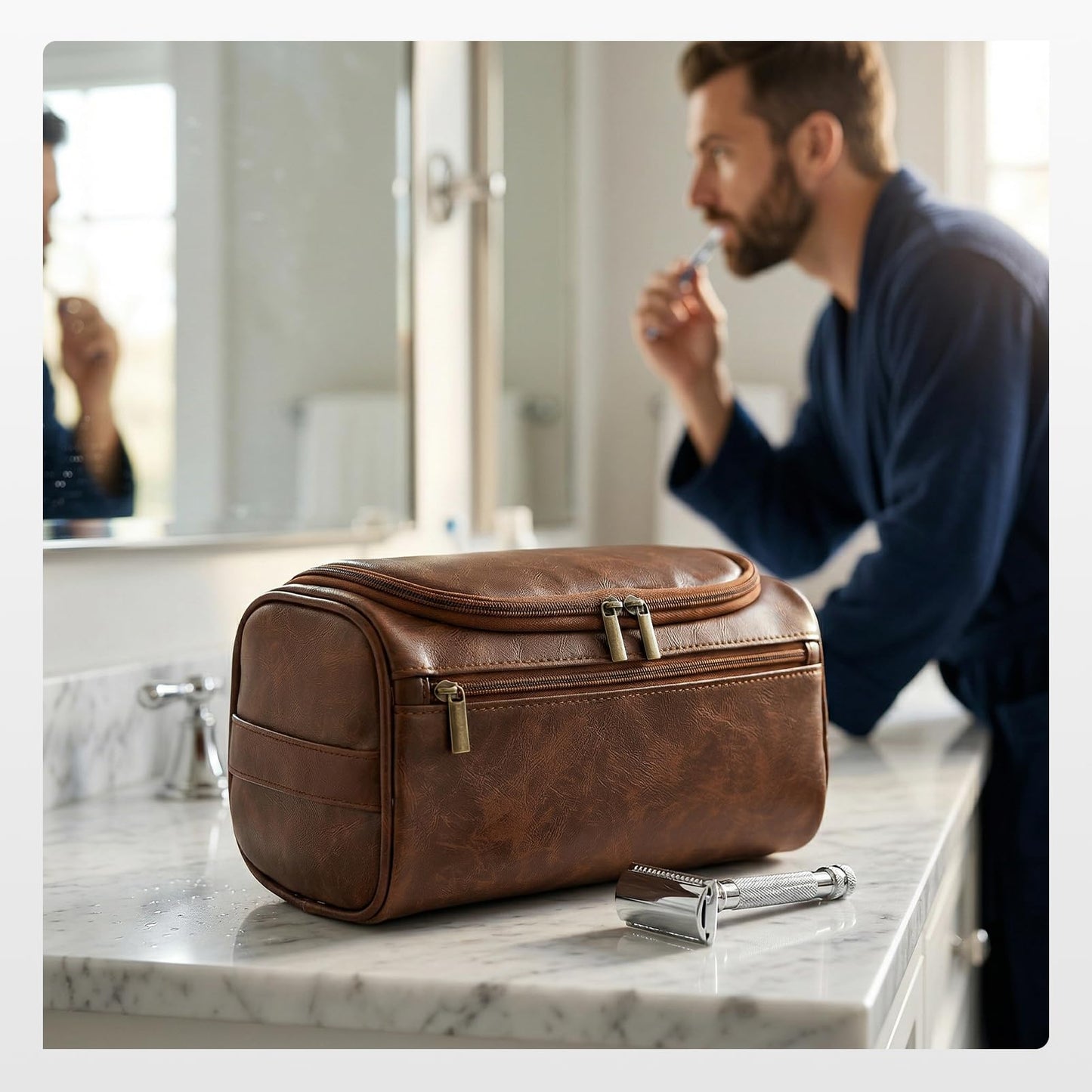 BAGZY Travel Toiletry Bag for Men, Hanging Hygiene Bag EDC Pouches Small Dopp Kit Water-resistant Mens Shaving Kit Bags PU Leather Toiletry Organizer for Travel Weekend Fitness Hospital Brown