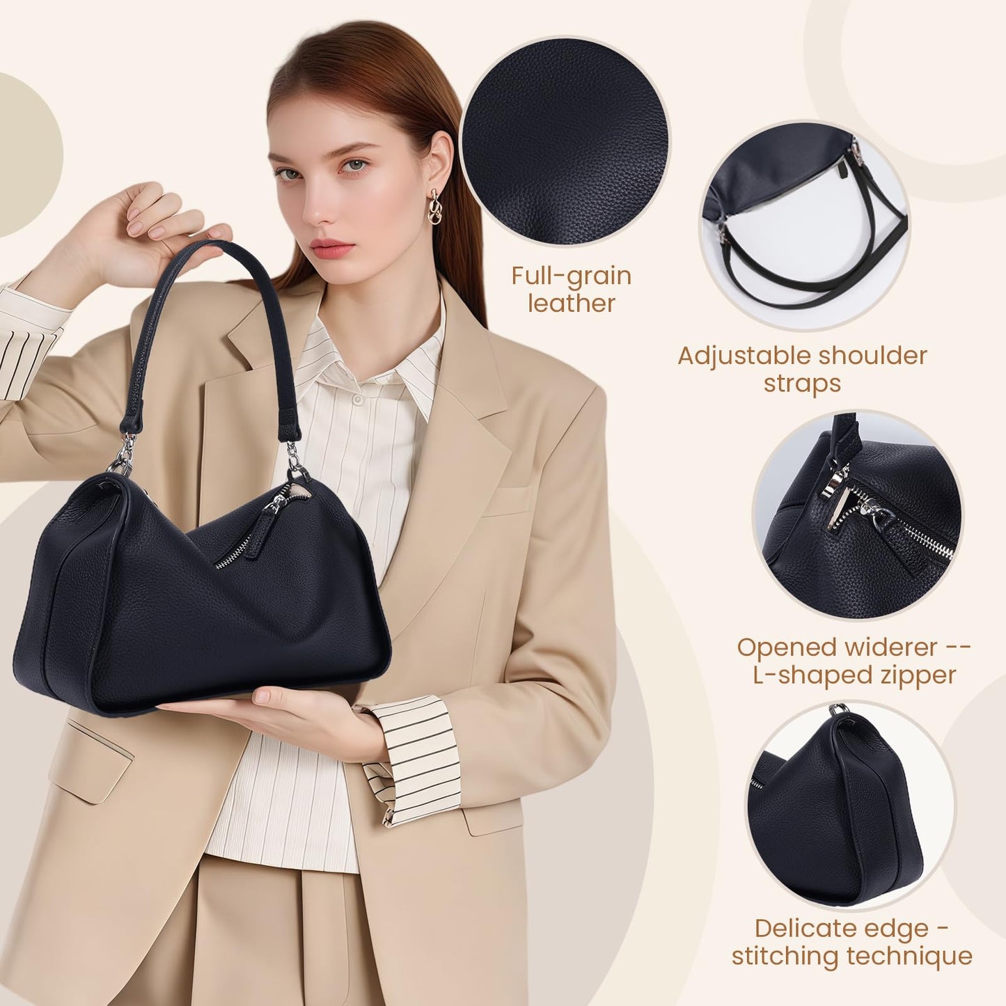 Rosvovo Genuine Leather Purses for Women, Real Leather Women's Crossbody Bag Shoulder bag Handbags Hoho bag with Adjustable Strap, balck,