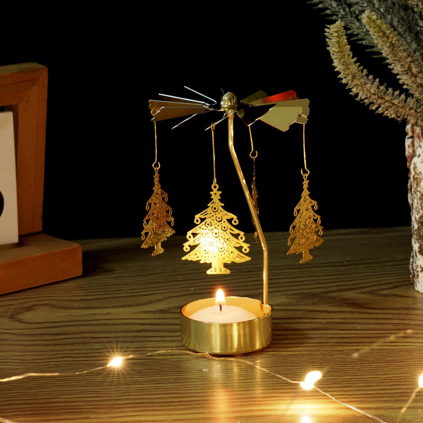 2Pcs Rotary Candle Holder Spinning Tea Light Candle Holder Gold Christmas Tree & Reindeer Style Metal Rotating Candlestick