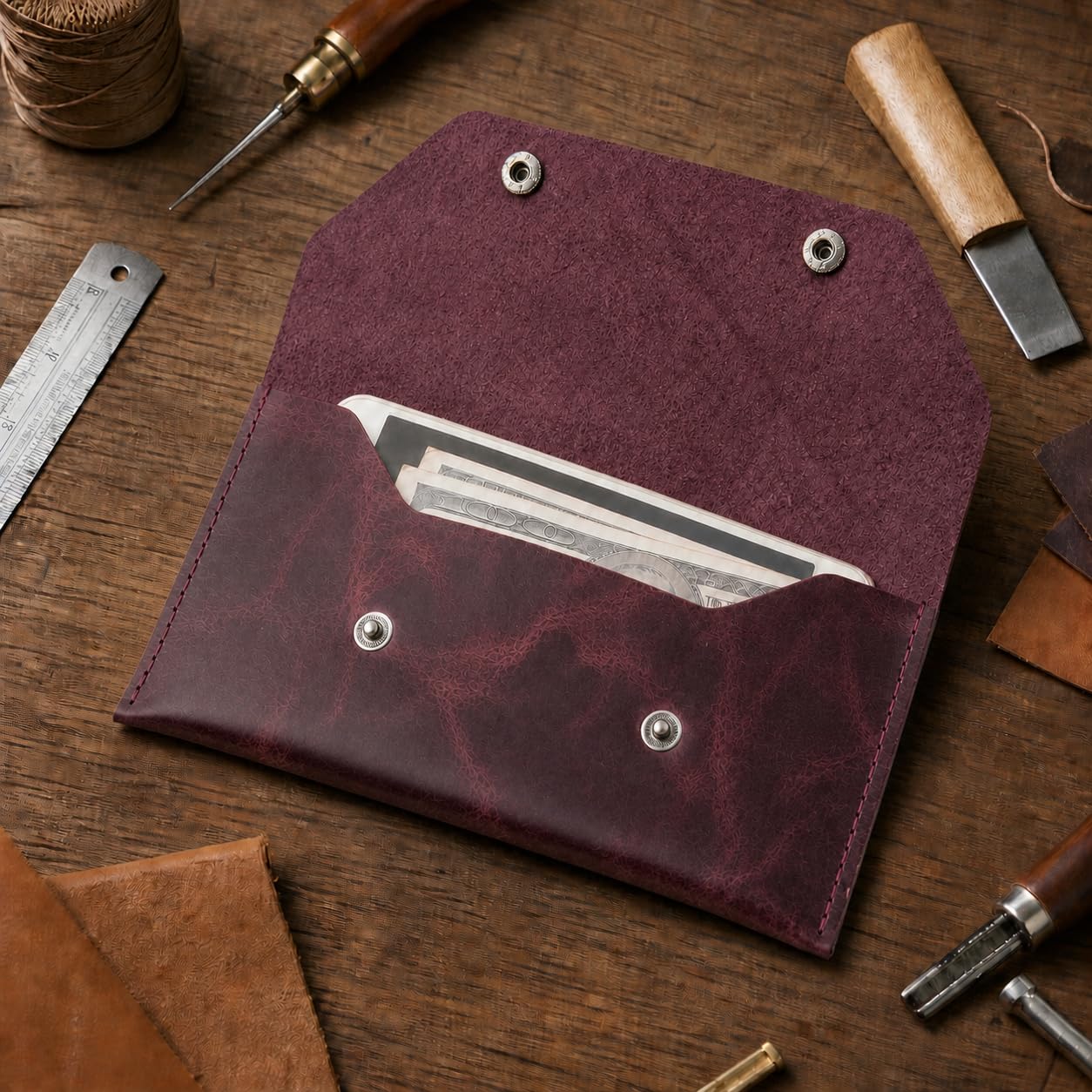ZEMARS Genuine Leather Cash Envelope Wallet, Two Snap Money Pouch for Men and Women, Reusable Budget Envelope Wallet, Slim Organizer for Cash, Cards, Receipts, Checks and Keys (Burgundy)
