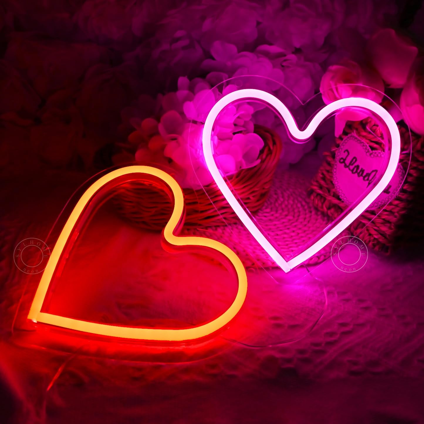 SYLHOME 2 Pack Heart Led Neon Light Sign Battery Operated or USB Powered Bedroom Wedding Wall Sign Decor Valentines Day Christmas Birthday Gifts USB 7.87" X 7.28" Pink & Red