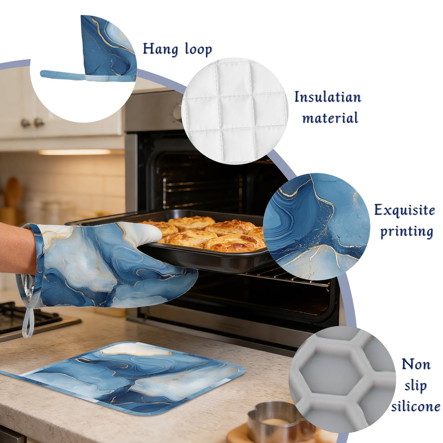 Oven Mitts and Pot Holders Sets Blue Gold Marble Silicone Kitchen Mits Potholders Abstract Heat Resistant 4Pcs Oven Gloves Hot Pads for Baking Cooking BBQ Grilling Home Decor
