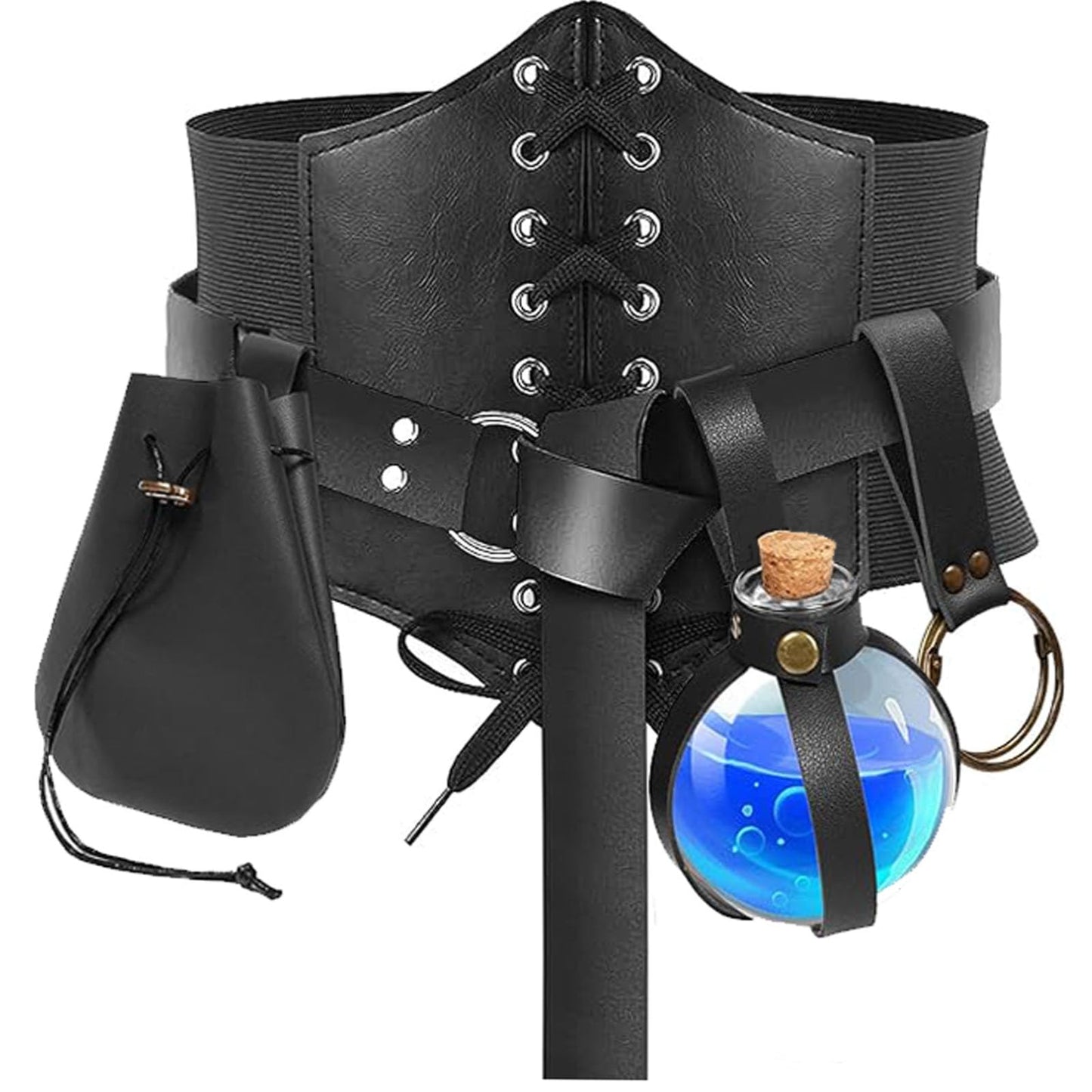 SUMGOGO 5PCS Corset Renaissance Belt Medieval Renaissance Belt Pouch Cork Potion Bottle Hikes Festival Halloween Costume Accessories (Black, L-Waist/32-43")