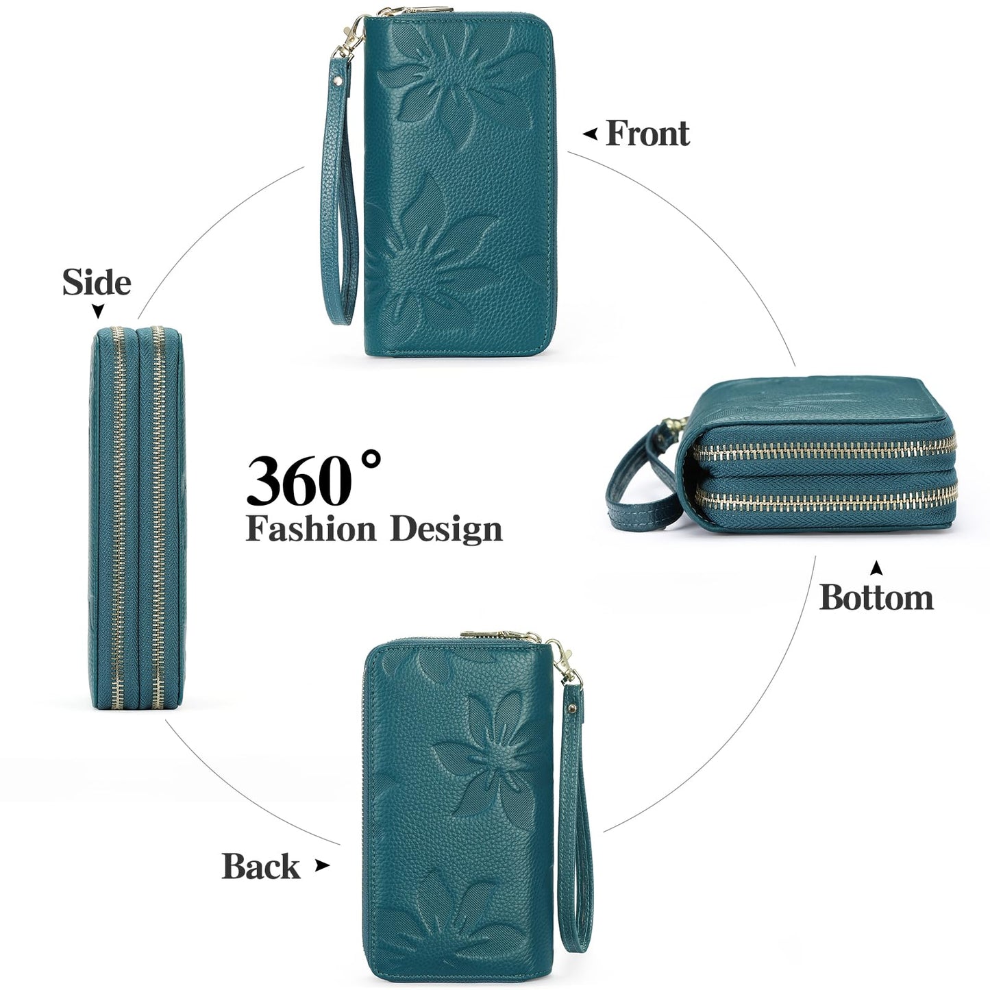 GOIACII Women's Wallet Large Capacity Double Zip Around Credit Card Holder Leather Ladies Wallet with RFID Blocking Phone Wristlet Purse Teal