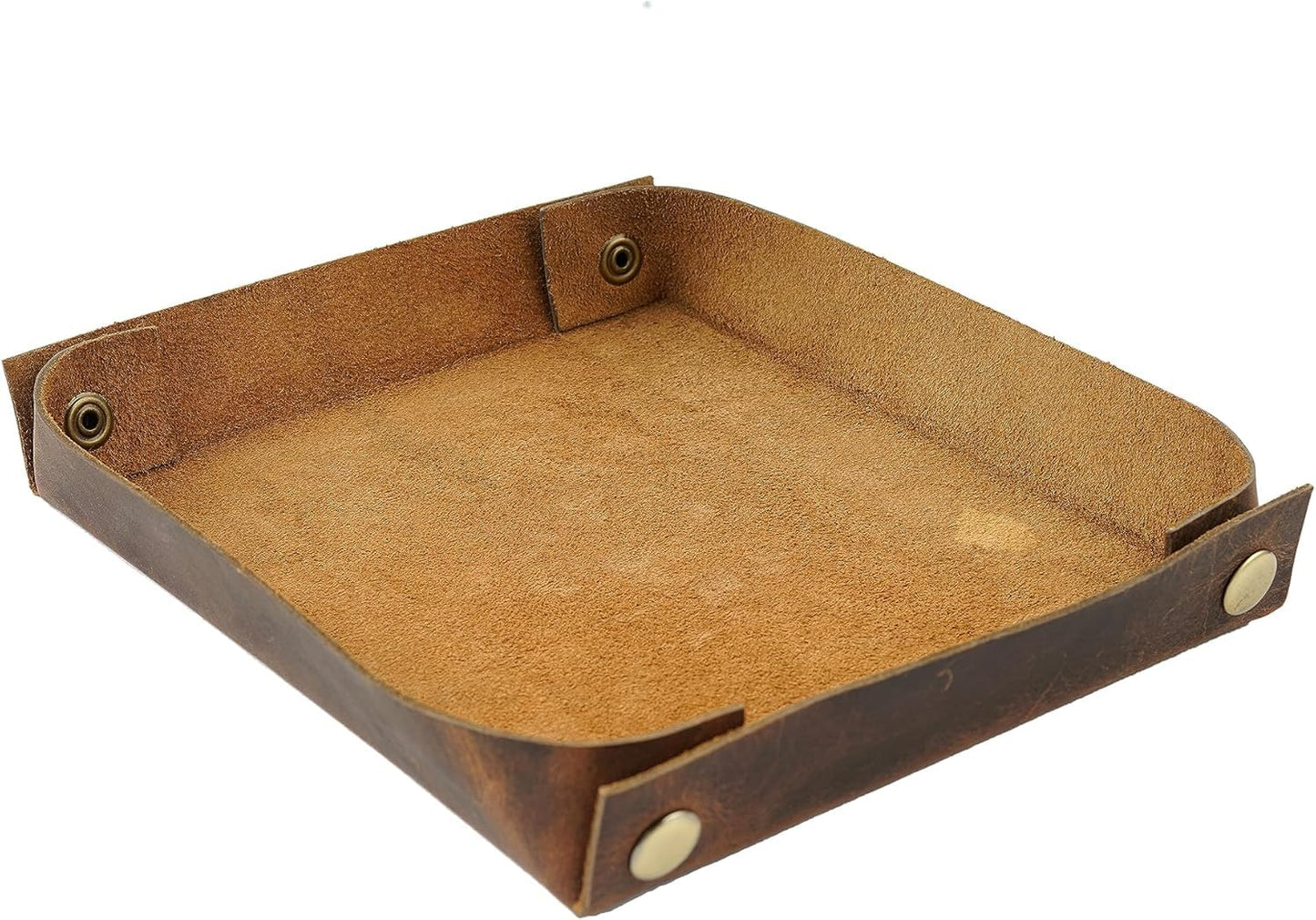 PavinCrafter Leather Valet Tray for Men & Women – Handmade Catchall Organizer for Keys, Wallet, Coins, Jewelry, Watch | Premium Full-Grain Leather EDC Tray with Brass Rivets for Desk (Brown)
