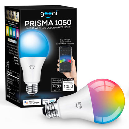Geeni PRISMA 1050 Wi-Fi LED Light Bulb, Multicolor (2700K): Dimmable LED, A21, 75-Watt Equivalent: Works with Alexa & Google Assistant