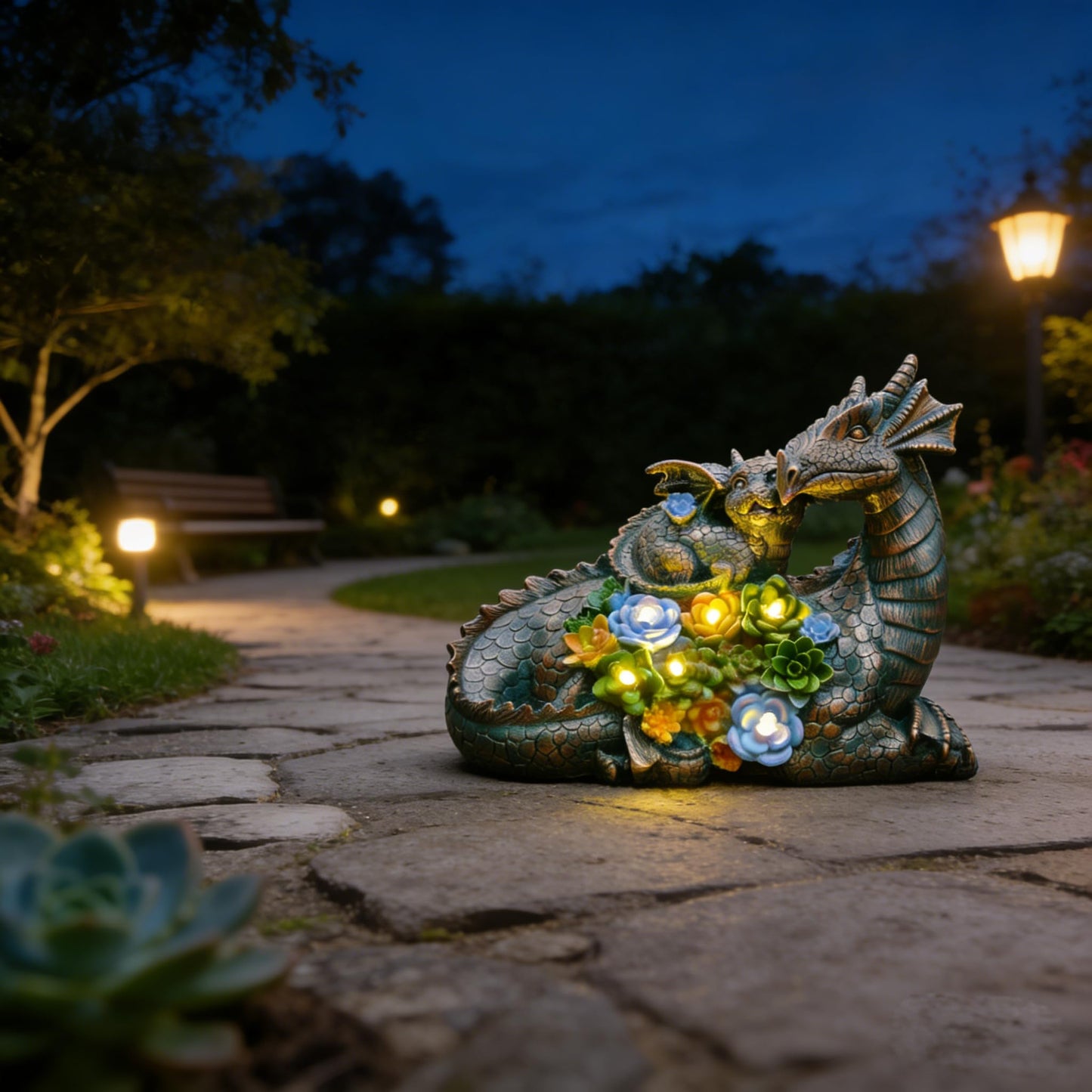 JOYBEE Dragon Solar Garden Statues Outdoor Decoration with Succulent and 6 LED Lights,Dragon Figurine Solar Lights Lawn Décor,Outside Statue Ornament for Patio, Balcony, Yard,Unique Gift for Mom