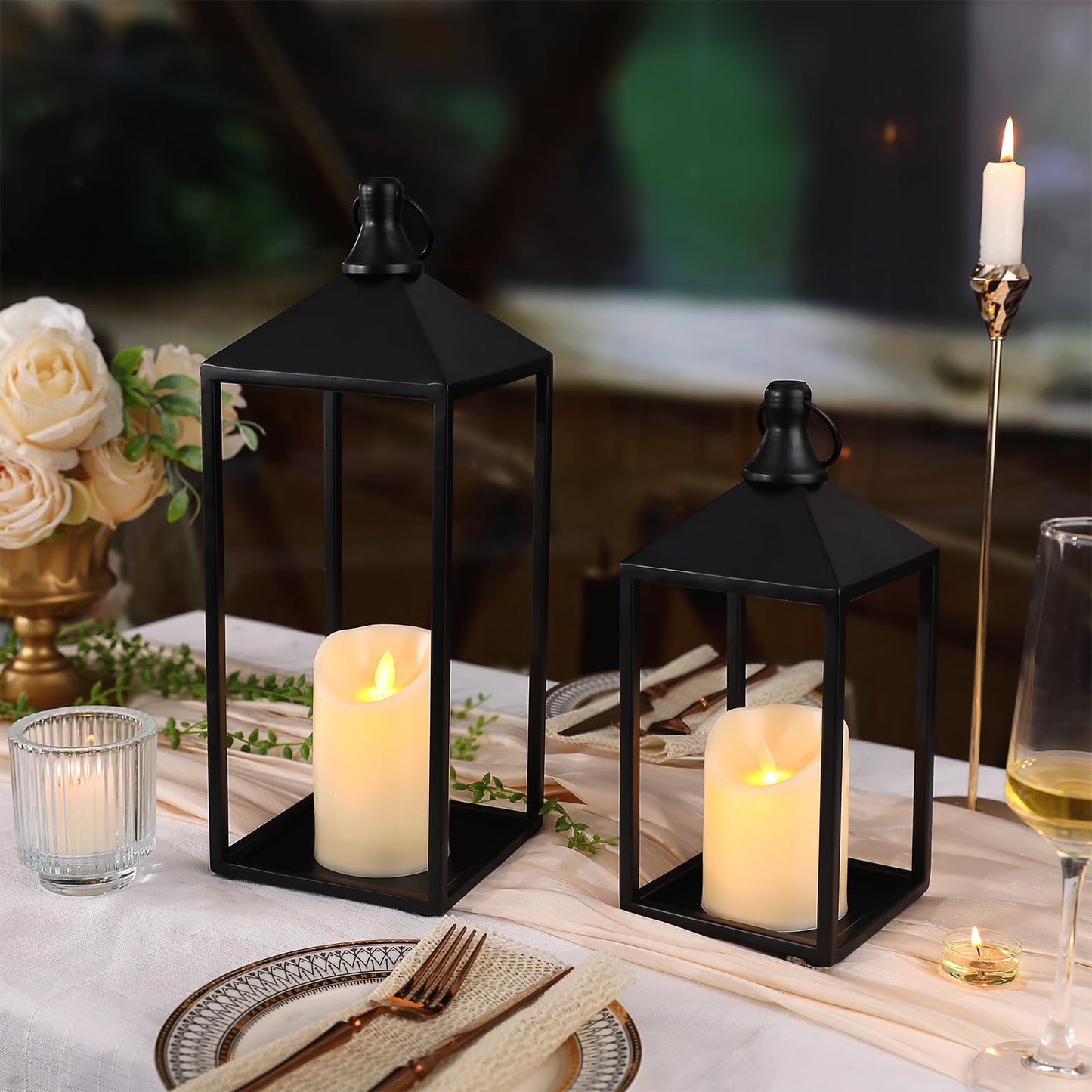 MATAHUM 2pcs Farmhouse Lantern Decor with LED Flickering Flameless Candles - Black Metal Lanterns Decorative for Home Decor, Fireplace Mantle or Table Centerpiece, Halloween Christmas Lantern Decor